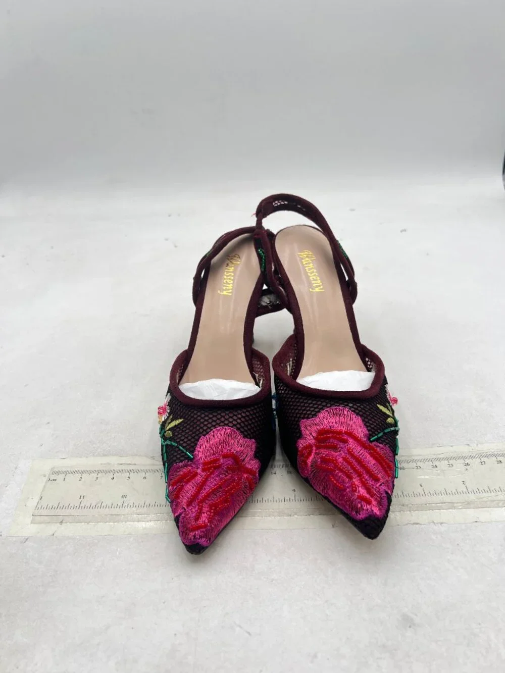 Miss left Dark Red Flower Embroidered Pointed Toe Slingback Pumps Slip on Sandal